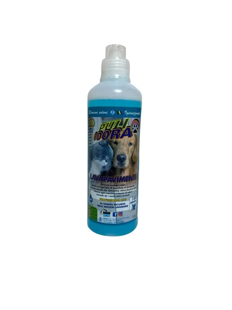 Lavapavimenti per animali “PULI ODORA” da 1000 ml, elimina macchie e odori, igienizza e lascia un profumo fresco su parquet, ceramica e altre superfici.